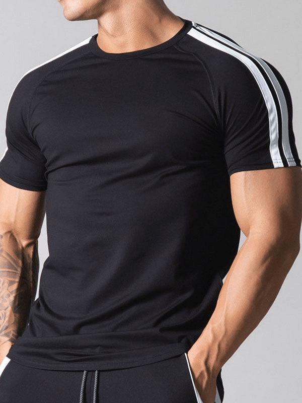 Men's black running cotton T-shirt with striped sleeves, O-neck, and short sleeves for stylish comfort - SF1239.